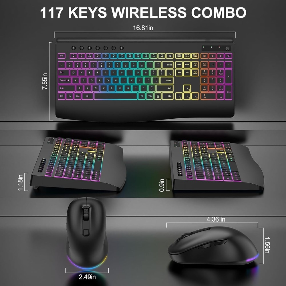Wireless Keyboard and Mouse, 9 Backlit Effects with Wrist Rest, 6 Button Mouse