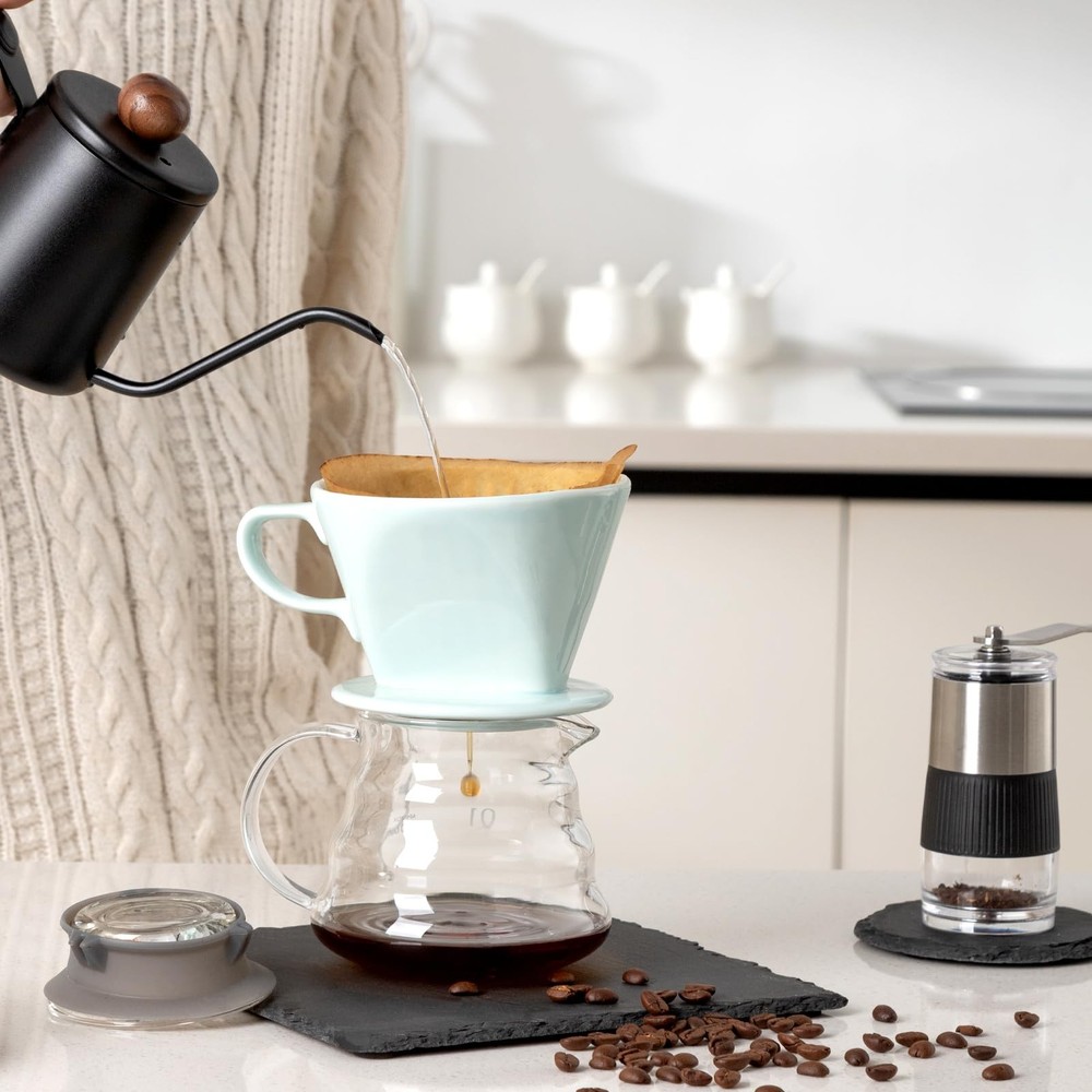 Pour Over Ceramic - Coffee Dripper Ceramic Coffee Maker with 3 Holes Flat Bot...