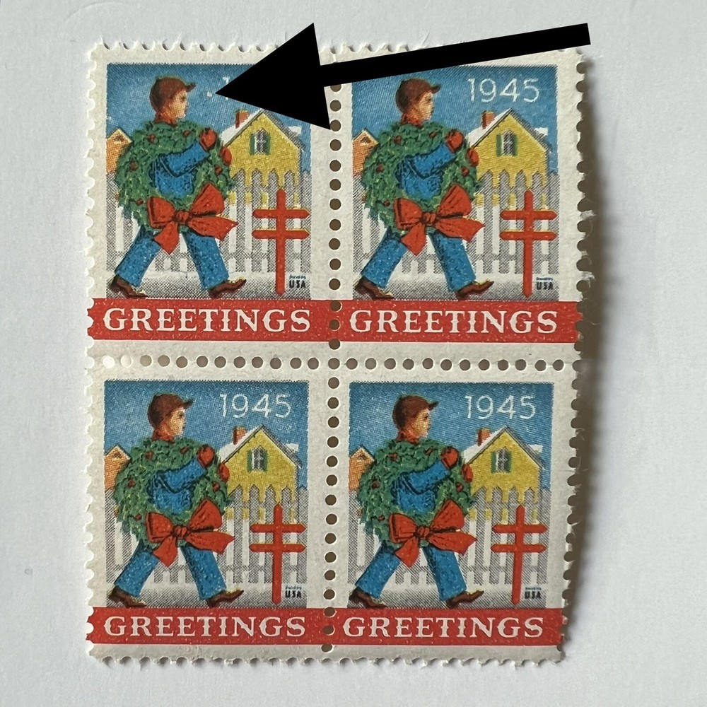 ERROR 1945 CHRISTMAS SEAL BLOCK WITH WHITE DOT BY FACE MNH