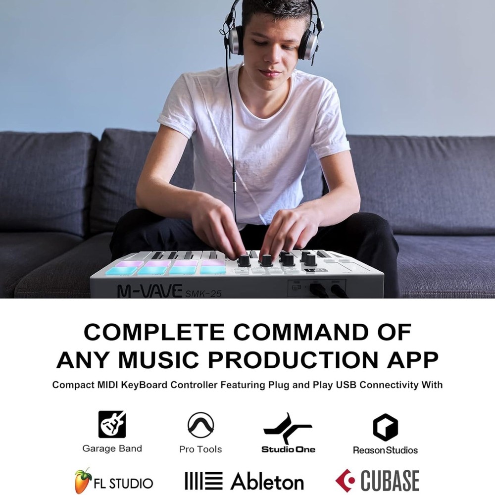 M-WAVE MIDI Keyboard Bluetooth - 25-Key Pad Controller with Drum Pads, Knobs