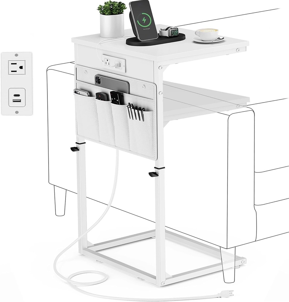 C Shaped End Table W/ Charging Station Adjustable Height Side Table Couch Sofa