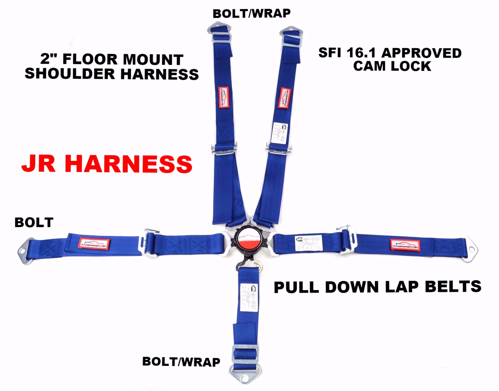 JR DRAGSTER RACING HARNESS SFI 16.1 5 POINT CAM LOCK COBALT BLUE OR 30 COLORS