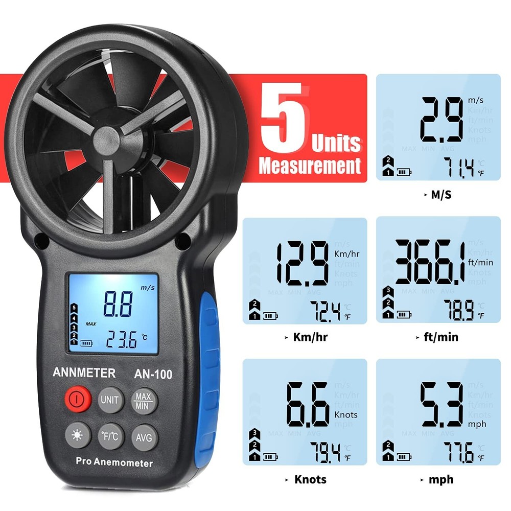 Wind Speed Meter - Air Flow Velocity, Wind Temperature - HVAC CFM Calculation,