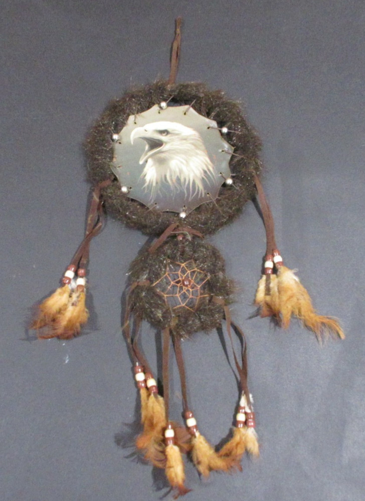 Two Circle Feathered 7" Dream Catcher With Bald Eagle