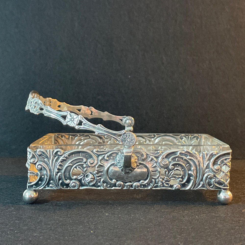 Germany Sterling Repousse Basket Etched Glass Insert Rectangular Swing Handle