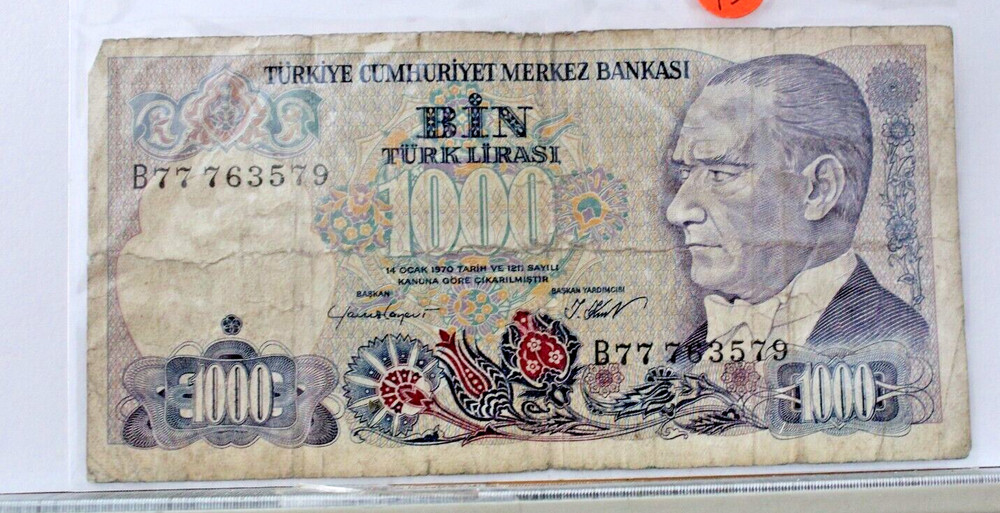 1970 Turkey 1000 Lira banknote B77763579 circulated