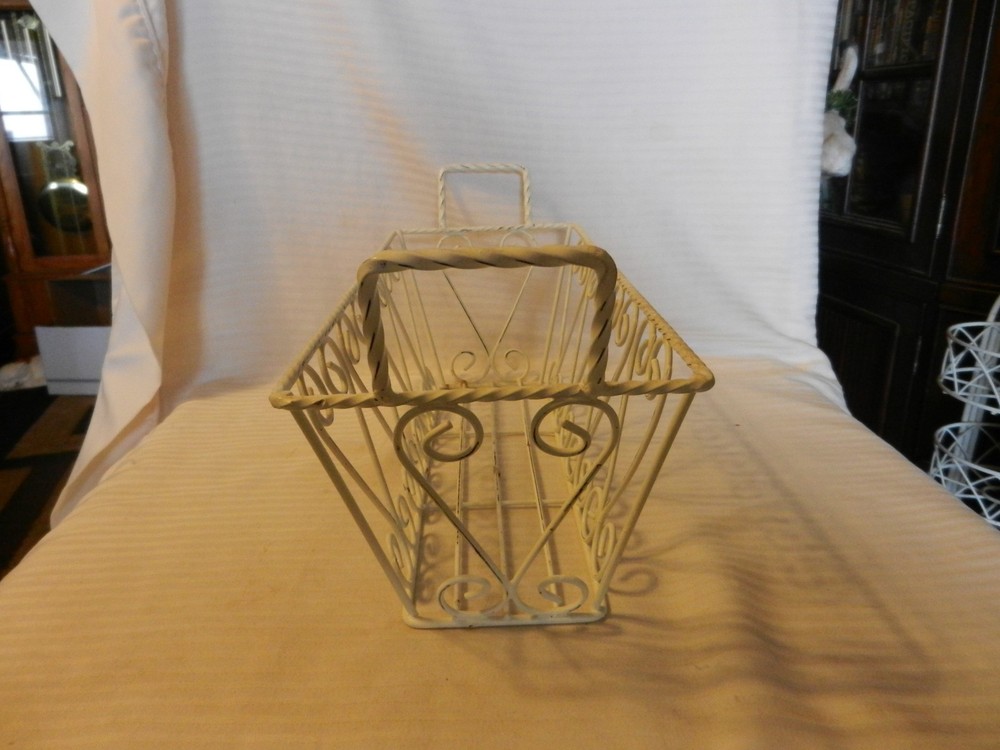 Decorative White Metal Rectangular Basket With Handles, Wire Design