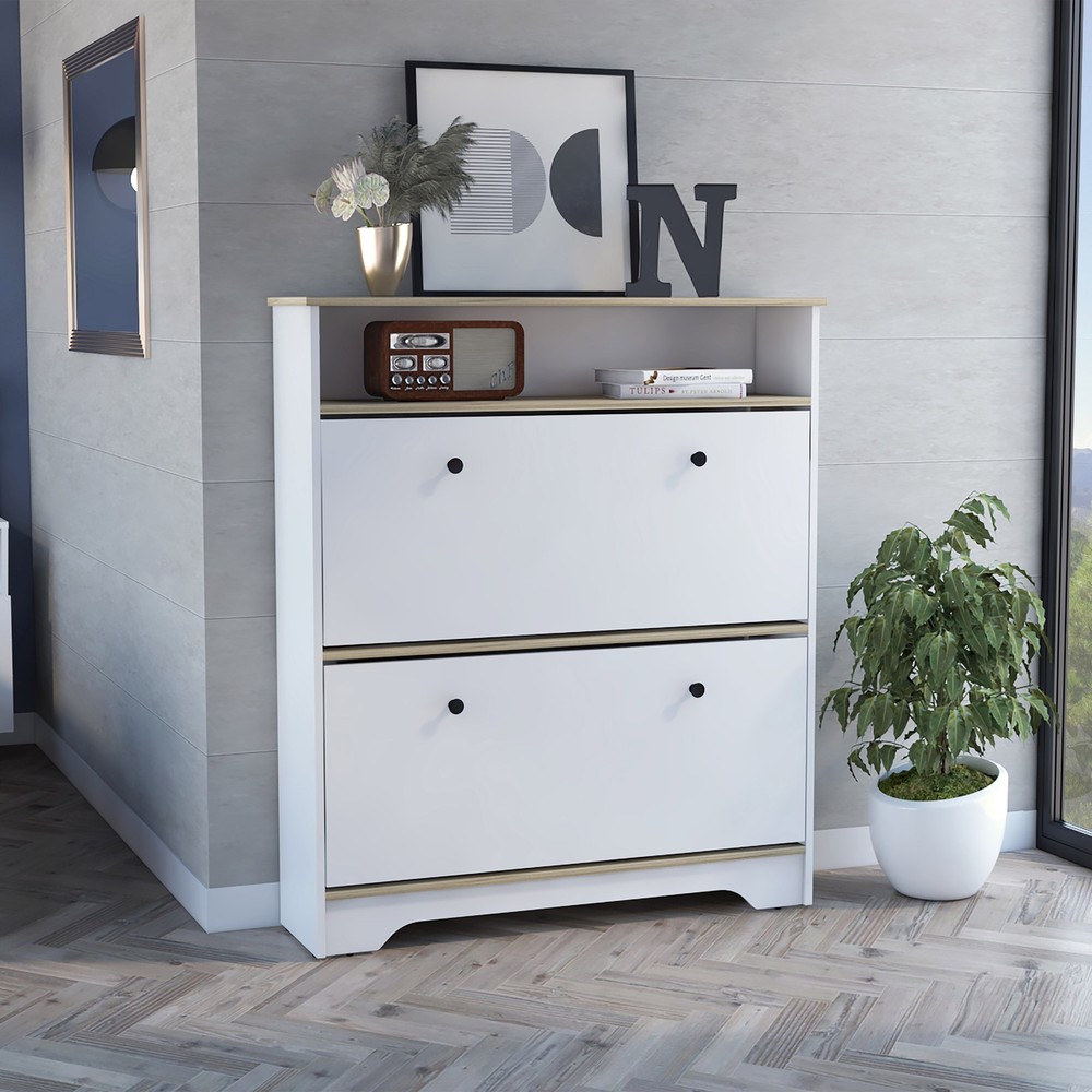Light Oak White Storage Cabinet with 2 Shelves, Rectangular Sideboard