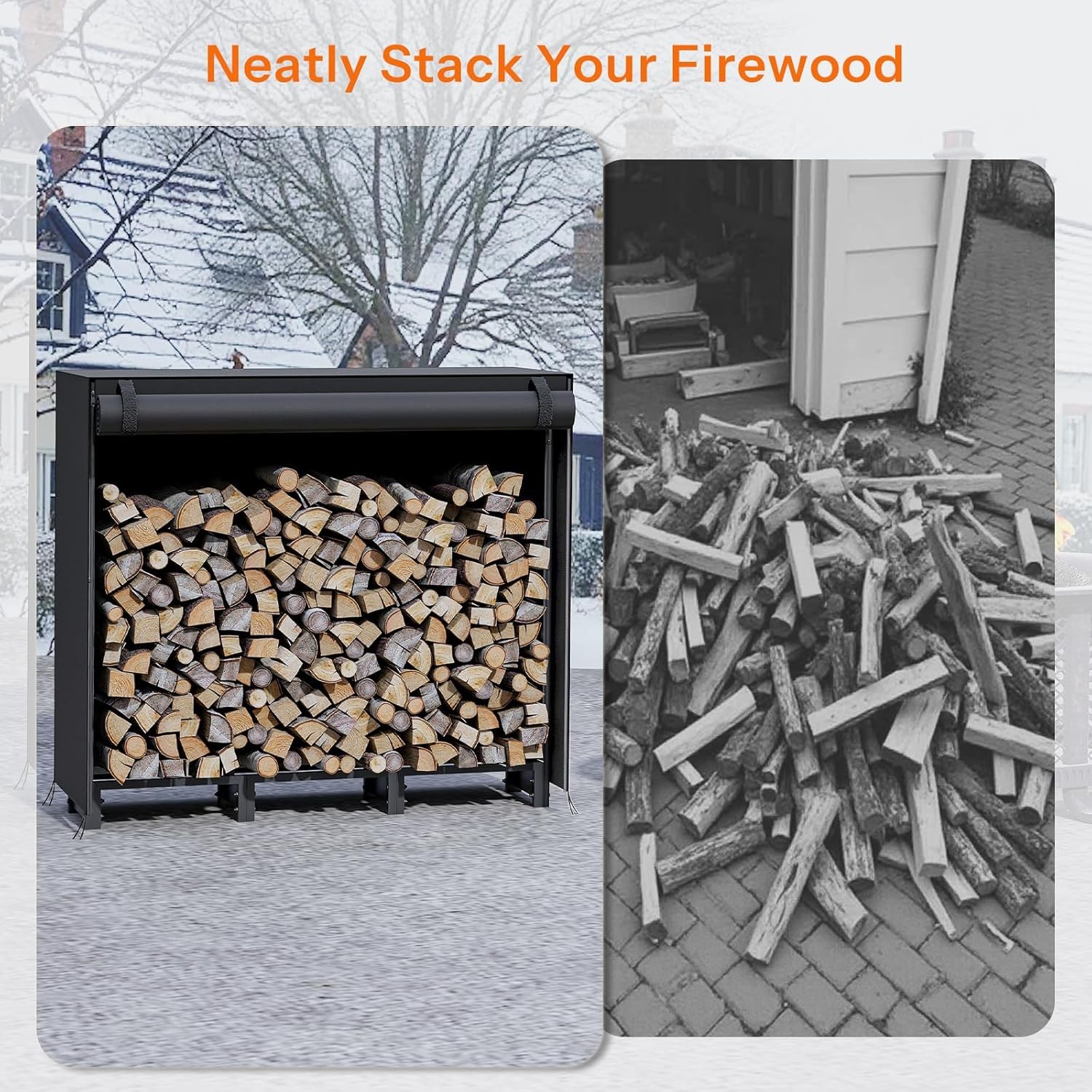4FT Firewood Rack with Cover Outdoor Firewood Log Rack Adjustable Log Holder