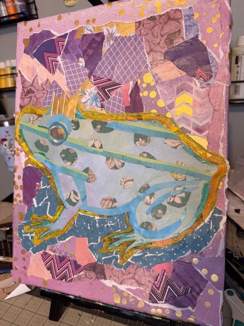 Original artwork "Frog Prince" Mixed media collage canvas