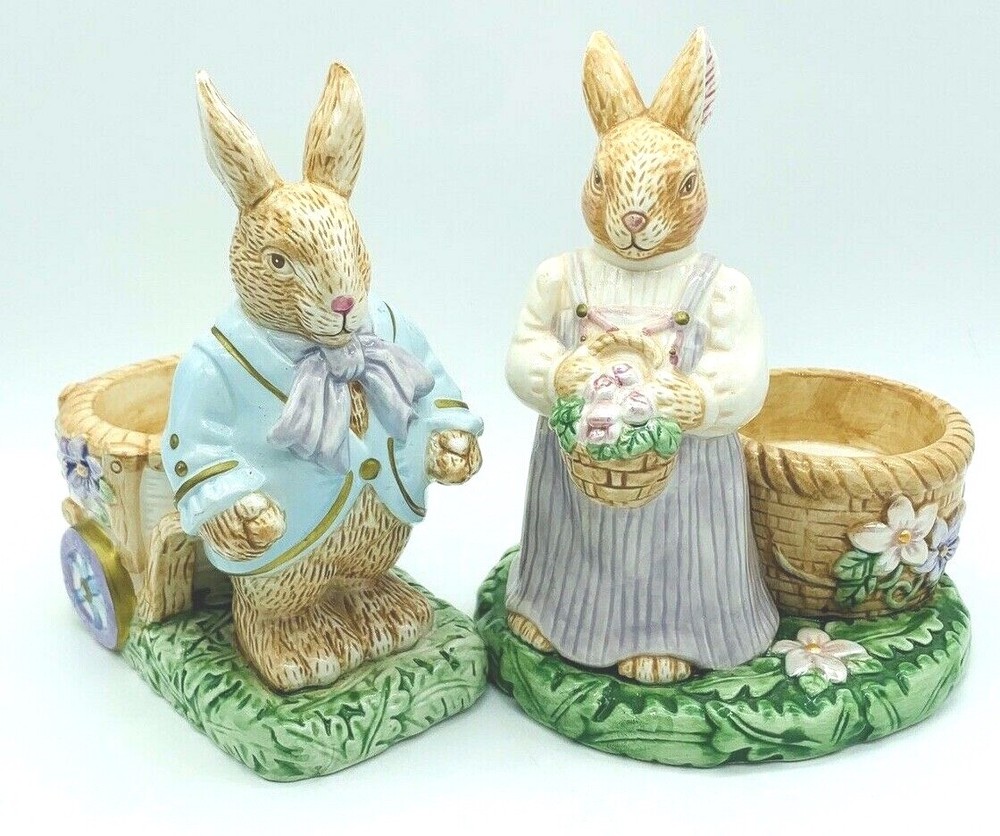 VTG Pair  Avon Springtime Collection Easter Bunny Rabbit Ceramic Egg Holders