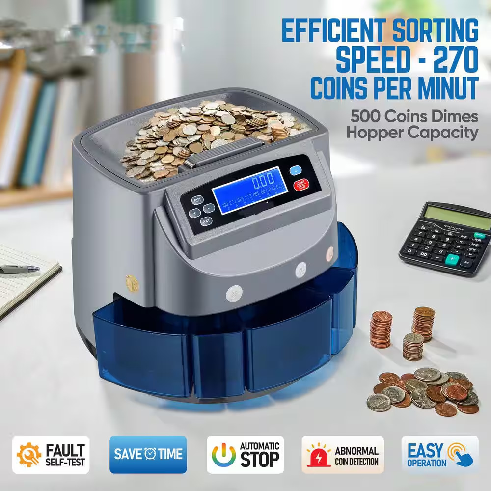High Efficiency Coin Counter Sorter Wrapper Machine LCD Display 500 Coin Capacit