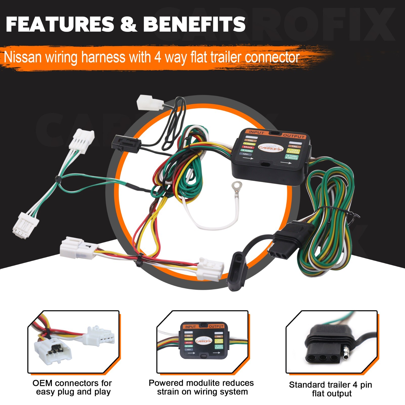 Custom Wiring Harness w 4-Way Flat Trailer Connector for 2015-2023 Nissan Murano