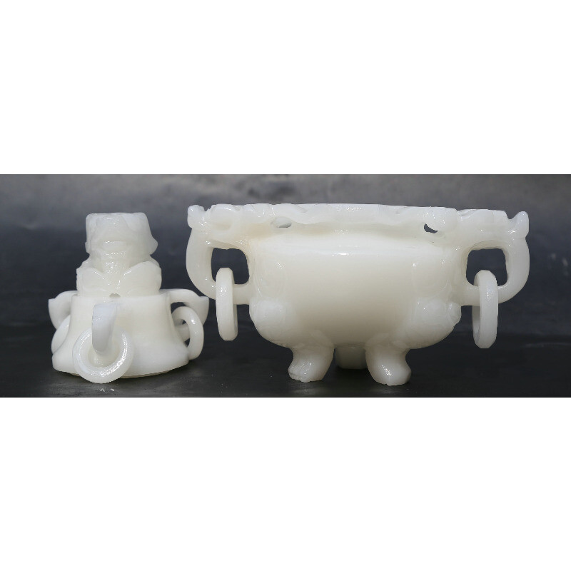 6.5" Chinese White Jade Carved Dragon Head Beast Tripodia Incense Burner Censer