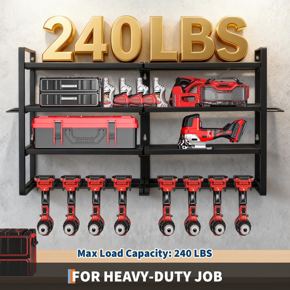 4-Layer Power Tool Organizer Wall Mount 8 Drill Holders Drill Bit Rack Garage Wo