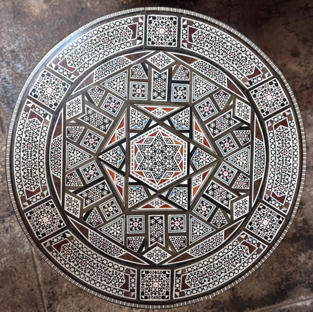 Outstanding Middle Eastern Handcrafted Round Side Table with Geometric Inlay