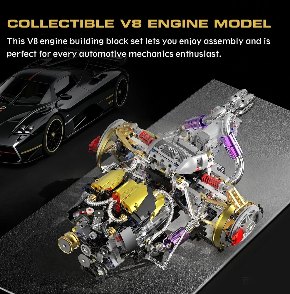 V8 Engine Model Kit That Works, 1394 PCS Advanced Collectible Engine Building Bl