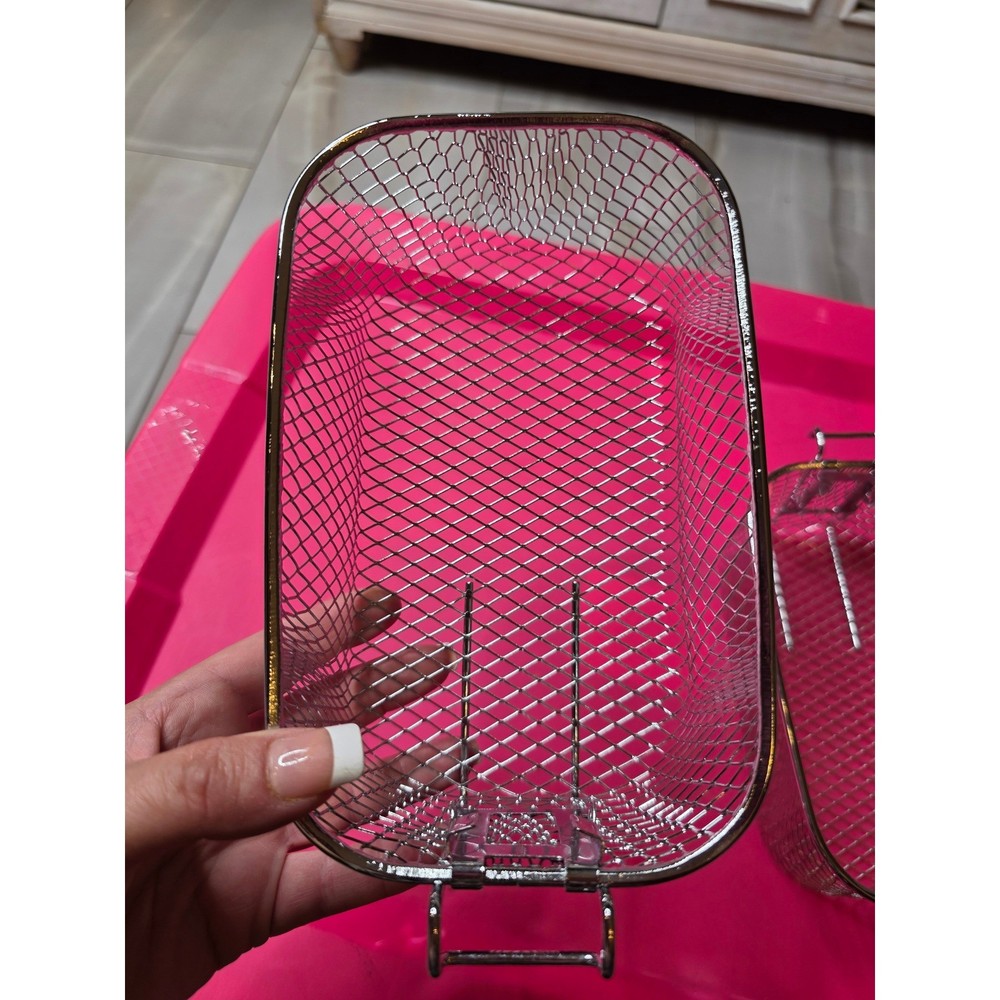 Set of 2 Silver Wire Mesh Deep Fryer Baskets with Hooks 8x4.5x4 Rectangular