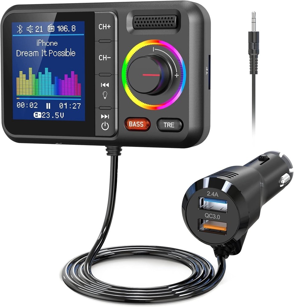 Hands-Free Bluetooth V5.0 FM Transmitter with Color Display & Fast Charge - KM28
