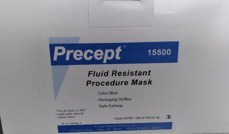 Precept 15500 Fluid Resistant Procedure Masks w/Earloops (500/Cs)