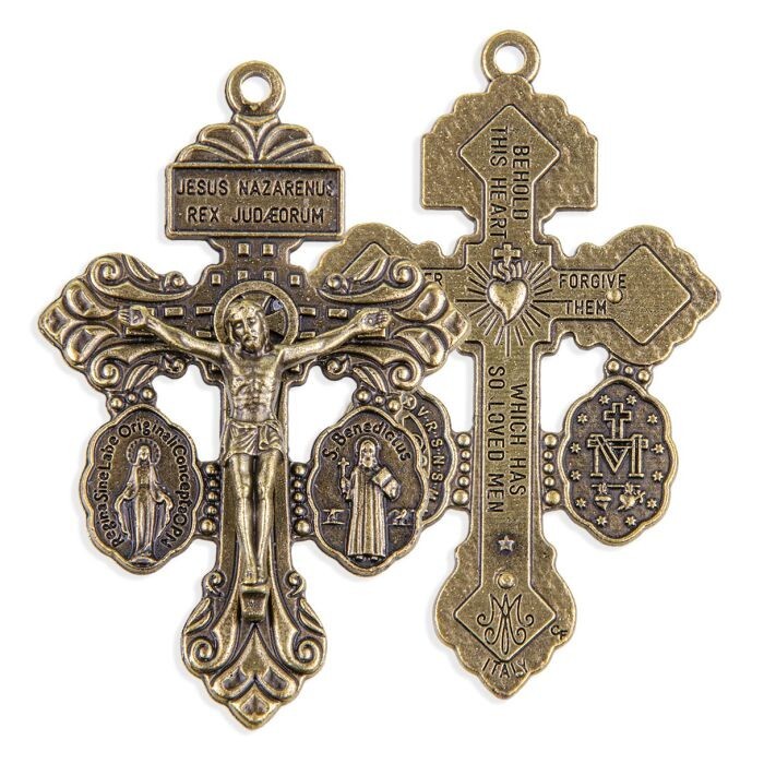2 1/8" Pardon Crucifix with Miraculous * St. Benedict Medals in Antiqued Bronze