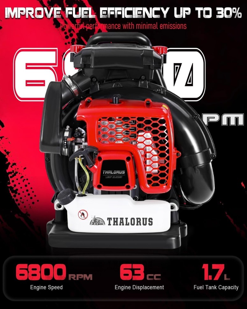 Fast Lawn Cleanup with 63CC Backpack Leaf Blower: 205 MPH, Variable Control, Red