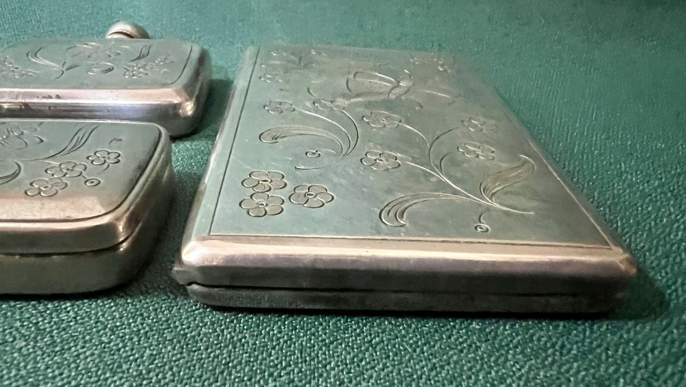 FABULOUS 835 SILVER 4 PIECE ETCHED CIGARETTE CASE COMPACT PERFUME PILL BOX SET