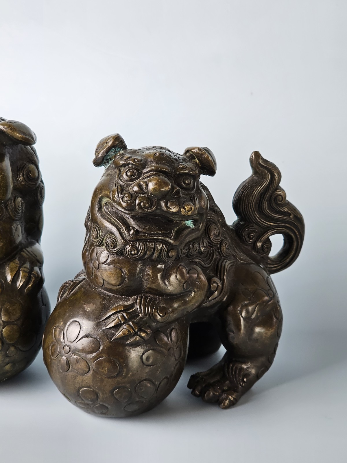 Vintage Asian Mythical Fu Foo Dog Guardian Lions Bronze Sculpture Marked