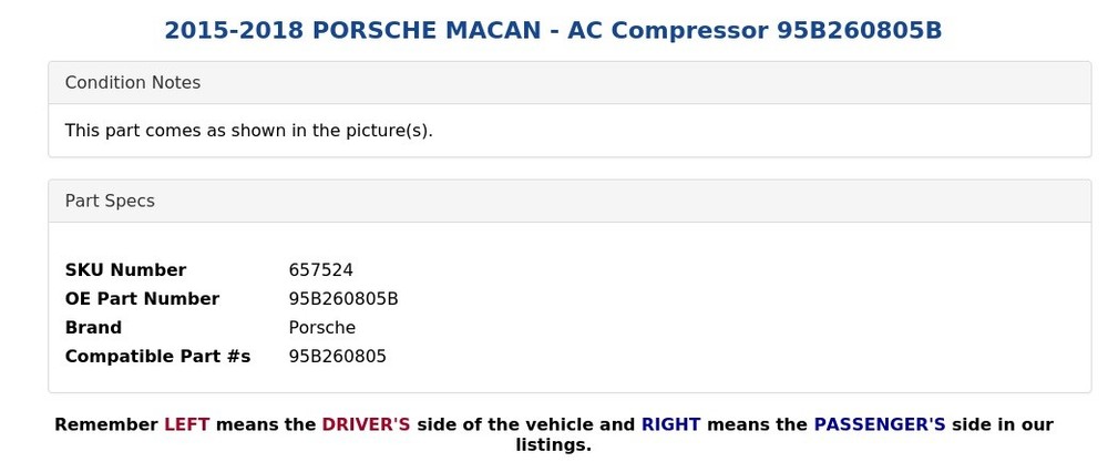 2015-2018 PORSCHE MACAN - AC Compressor 95B260805B