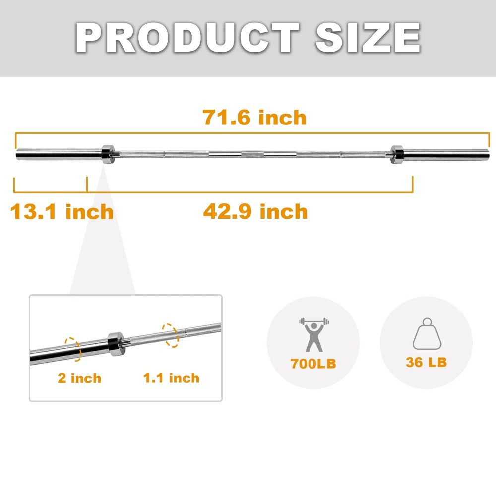 Straight Olympic Barbell, Alloy Steel, 2-Inch Diameter, Silver Finish, 6FT