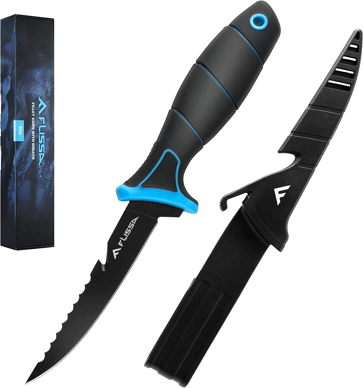 FLISSA Fillet Knife 5''/6''/7''/9''Cutting Notch Non-Slip Handle Lanyard Hole