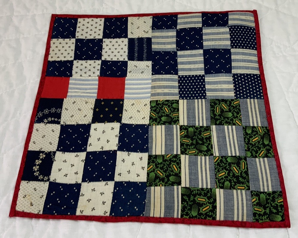 Vintage Antique Patchwork Quilt Table Topper, Four Patch, Early Calicos, Navy