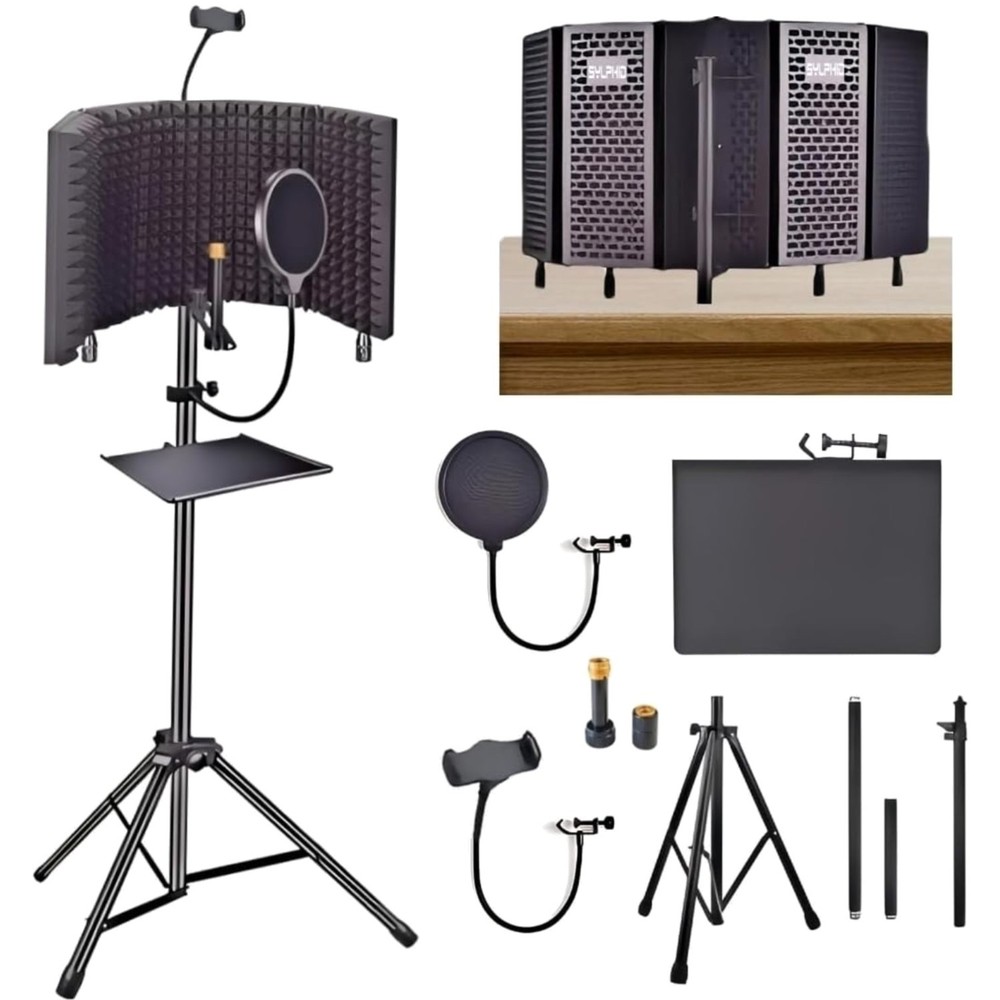 Microphone Isolation Shield with Pop Filter & Stand and Phone Clip, Foldable ...