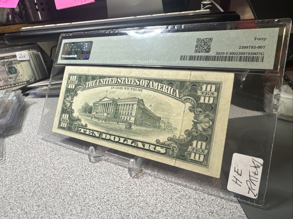 1990 $10 FRN ( RICHMOND “E”) ERROR ♚♚LARGE GUTTER FOLD♚♚ PMG 40