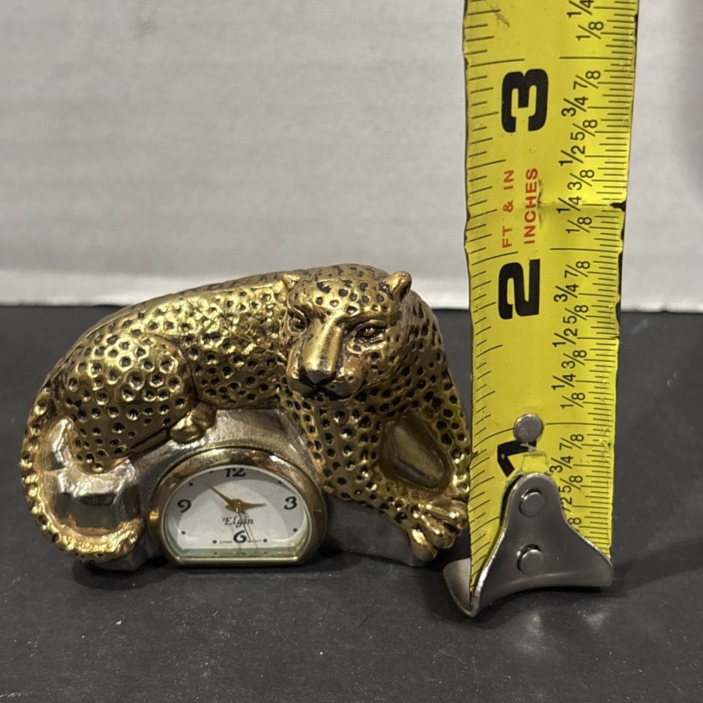 Elgin Leopard Desk Top Mini Clock Goldtone Untested