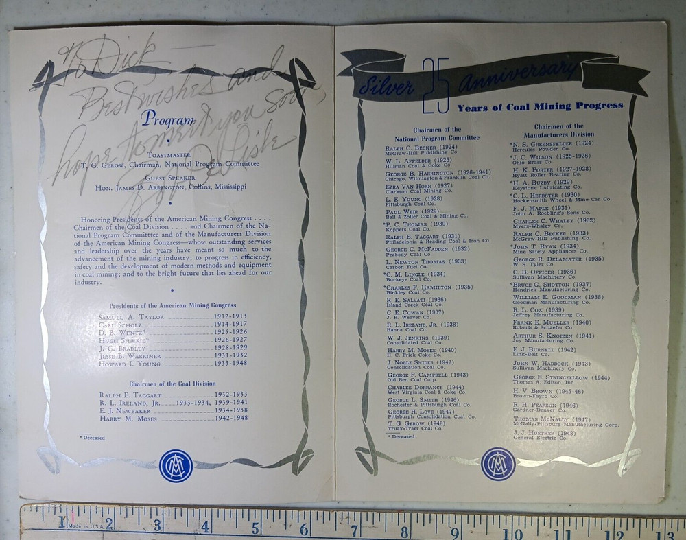 Vintage 1948 American Mining Congress Coal Convention Dinner Program