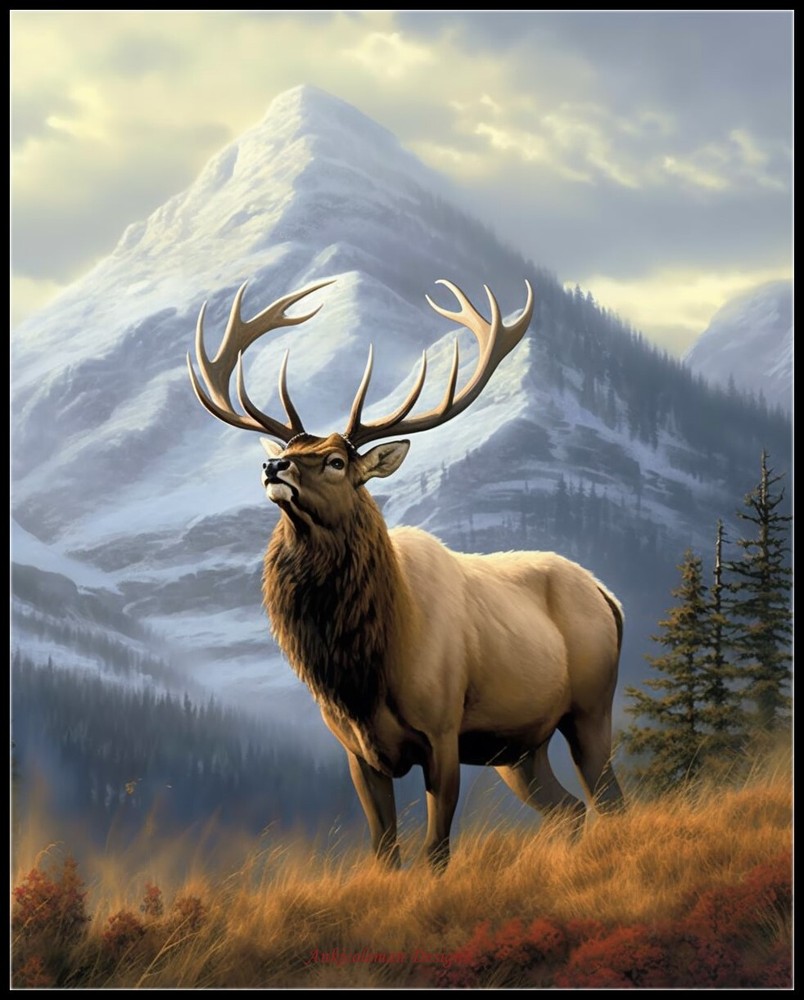 Elk in Mountains 1 - Chart Counted Cross Stitch Patterns Needlework DMC Color