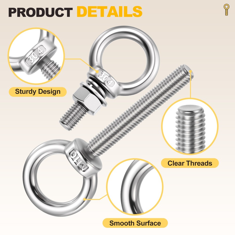 Shoulder Eye Bolt with Flat Washers & Nuts & Spring Washers (M10x30mm) 6Set