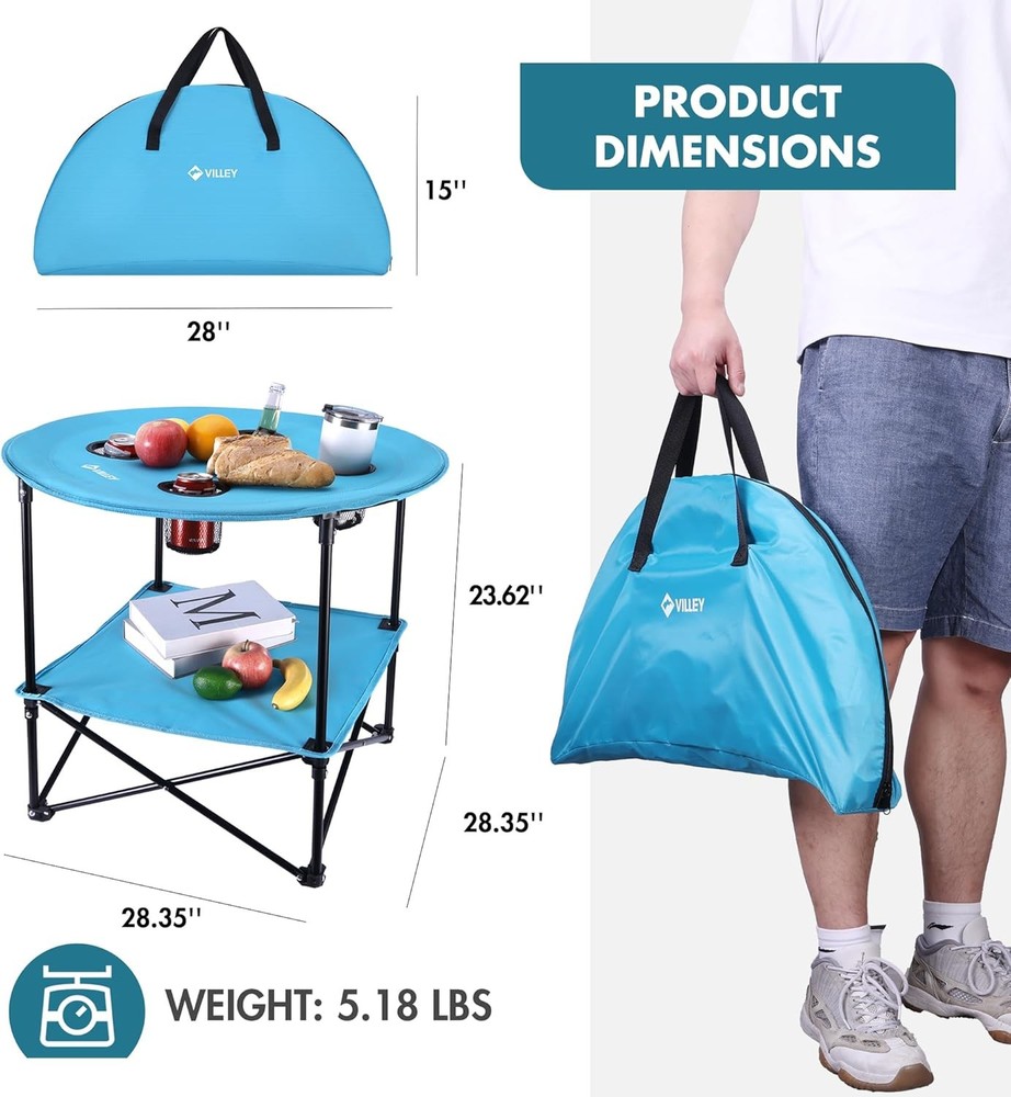 VILLEY Folding Camping Table Double-Layer Round Table w/4 Cup Holder & Carry Bag