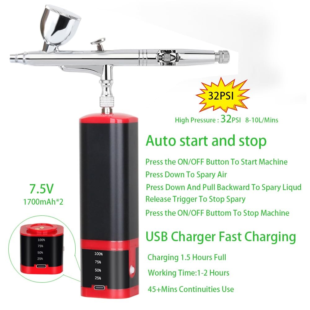 Portable Upgraded Dual-Action extra battery Airbrush kit with compressor-repl...