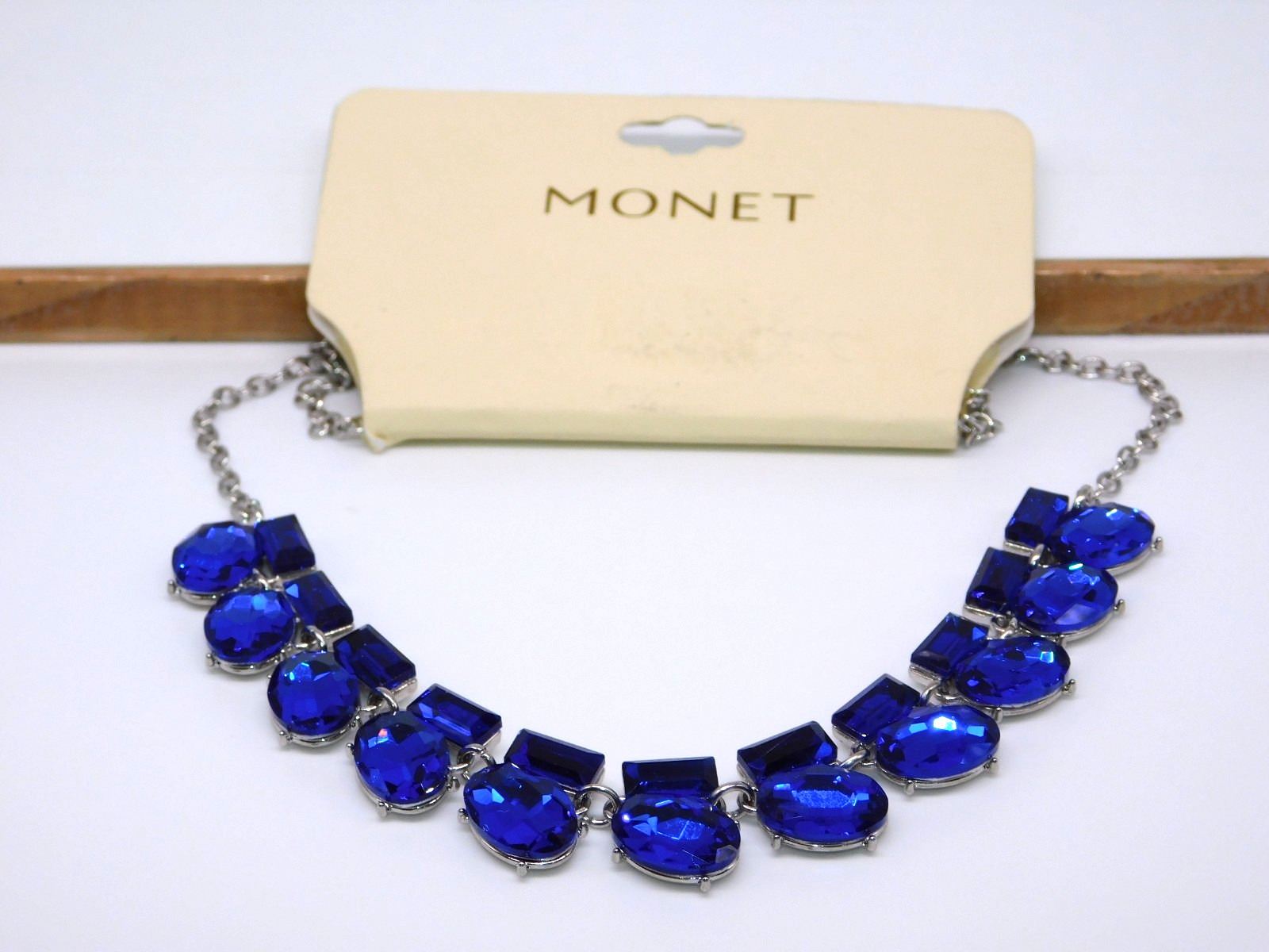 MONET Royal Blue Faceted Glass Rhinestone Statement Necklace New with Tag