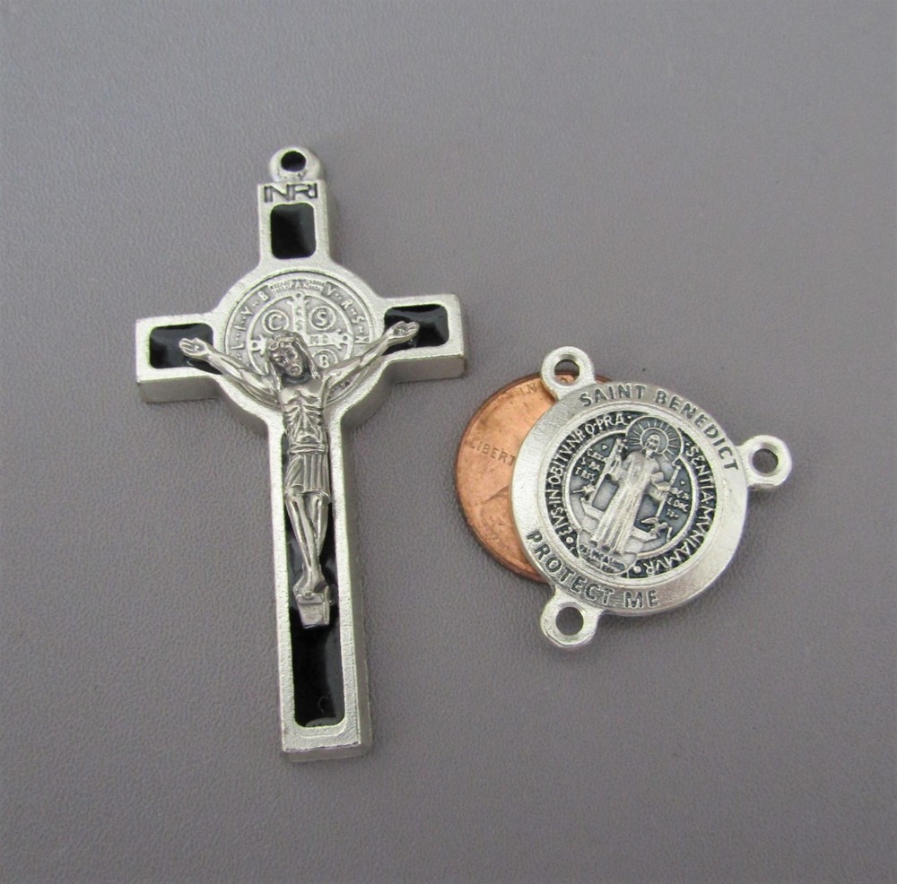 Rosary CENTER & CRUCIFIX Set Italy Rosaries Parts St. Saint Benedict LARGE BLACK