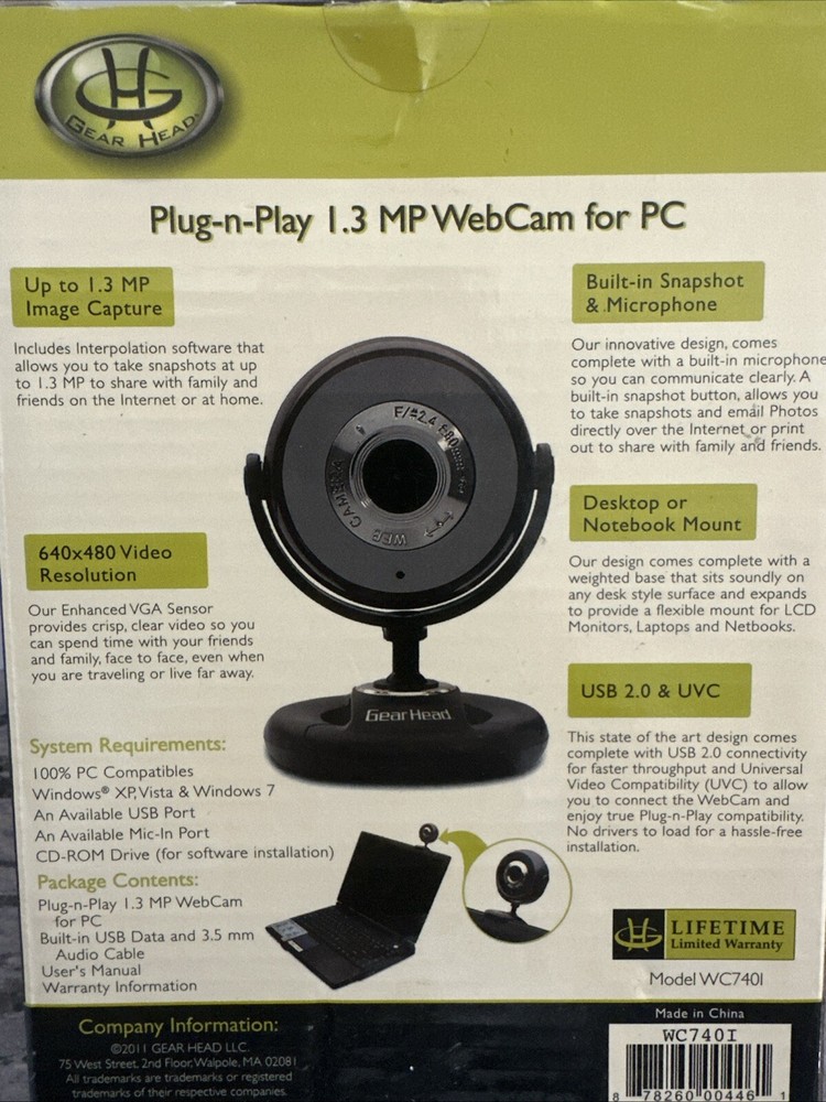 Gear Head USB 2.0 Quick 1.3 MP Web Cam, Built In Snapshot & Microphone PC