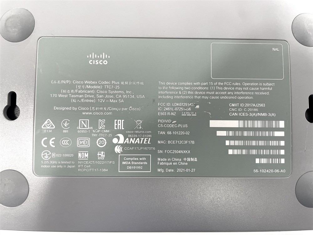 Cisco CS-CODEC-PLUS TTC7-25 Video Conference Webex Room Codec Plus