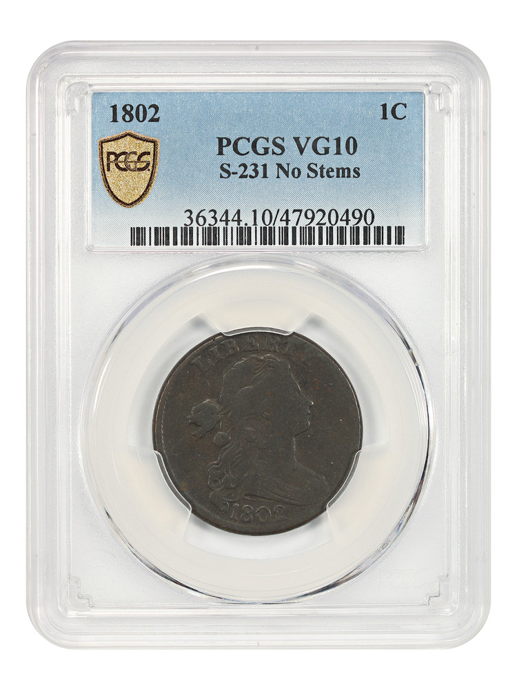 1802 1C PCGS VG10 (No Stems, S-231) - Draped Bust Cent