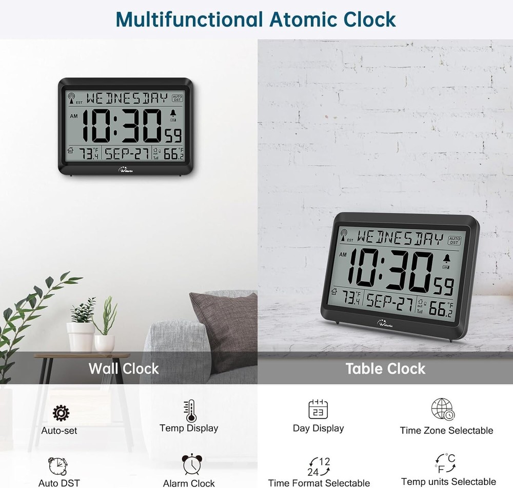 WallarGe Atomic Clock with Indoor Outdoor Temperature, Self-Setting Wall Clock