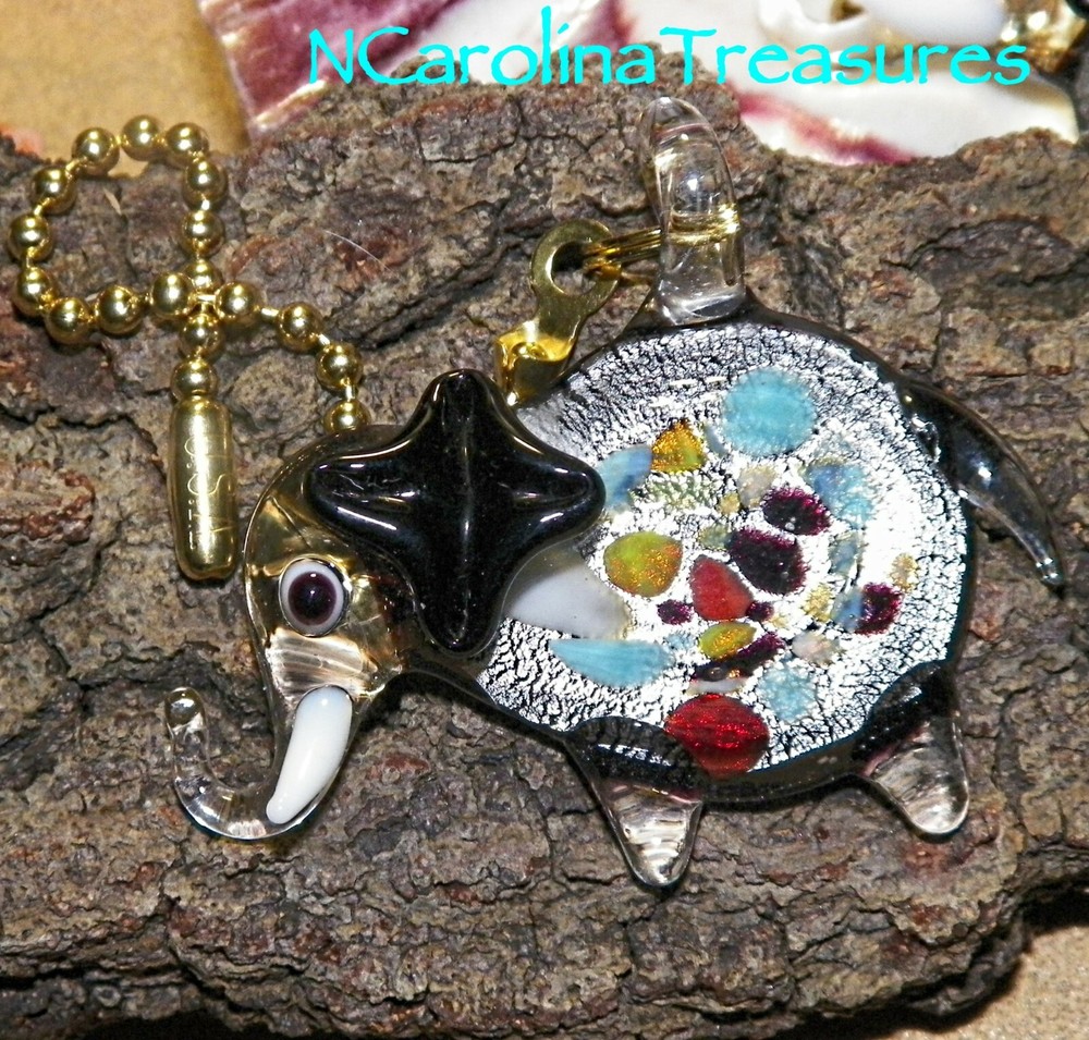 ELEPHANT BLACK SILVER FOIL ART GLASS MULTICOLOR CEILING FAN SWITCH PULL LG PAIR