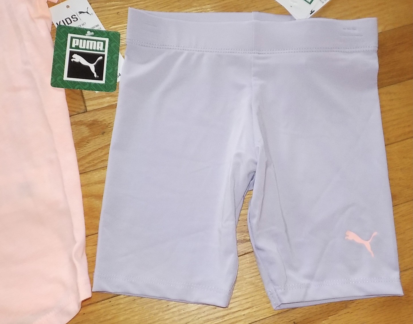Puma Girls Shorts Shirt Set Purple Biker Shorts Peach Top Sparkle Logo 5 NWT