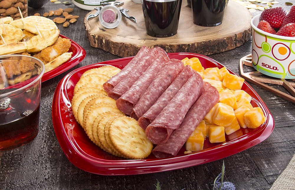 SOLO Squared Plastic Plates Red 10.25" Quantity 120 Deep Dish with Grip Dimples