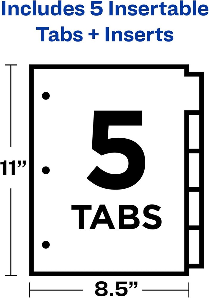 5-Tab Binder Dividers, Insertable Multicolor Big Tabs, 1 Set (11121)